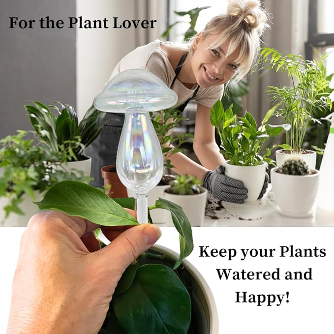 Evelots Plant Self Watering Glass Globes, Iridescent Mushroom Shaped Bulbs (4 Pack) Automatic Water Irrigation System for Plants with Funnel, Indoor & Outdoor Use -Extra Long 9 Inches