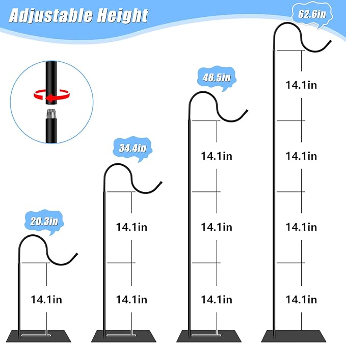 Hummingbird Feeder Stand, Adjustable 20-63 Inch Shepherds Hook for Outdoor Indoor, Bird Feeder Pole with Base & Water Weight Bag for Wind Chimes, Hanging Plants(Hummingbird Feeders Not Include)