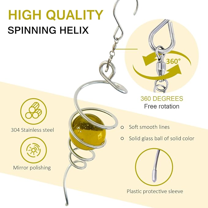 Gazing Ball Spiral Tail Wind Spinner,Decorative Wind Spinner 11inch Tail and 2 inch Glass Orb. Indoor Outdoor Wind Spinner Tail Sun Catcher Garden Decoration-13 inch Height(Gold)