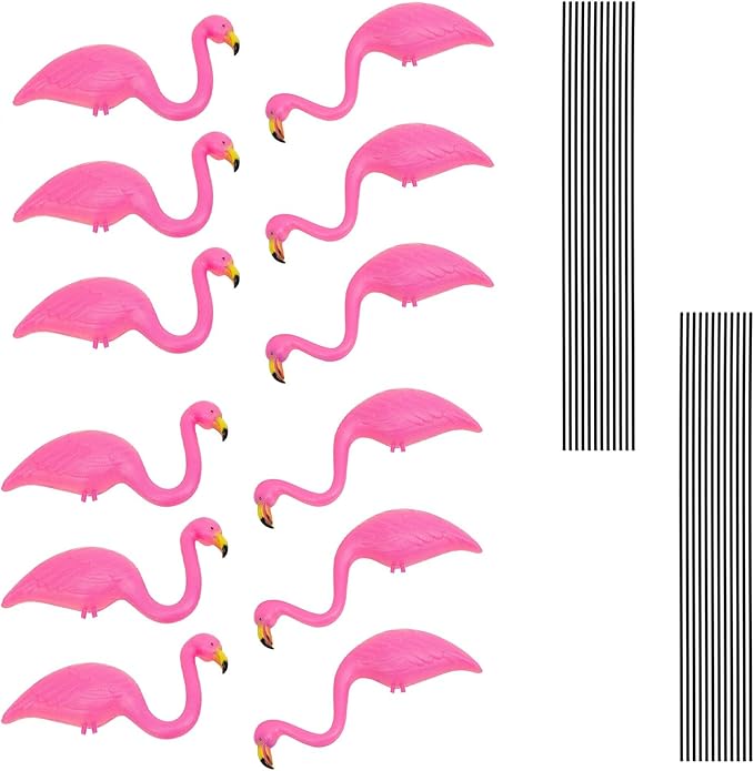 GiftExpress Pink Flamingos Yard Decorations - 12 Pack Small 14" Tall Plastic Flamingo Statue w/Metal Stakes - Lawn Ornaments & Garden Decor for Outdoor Parties