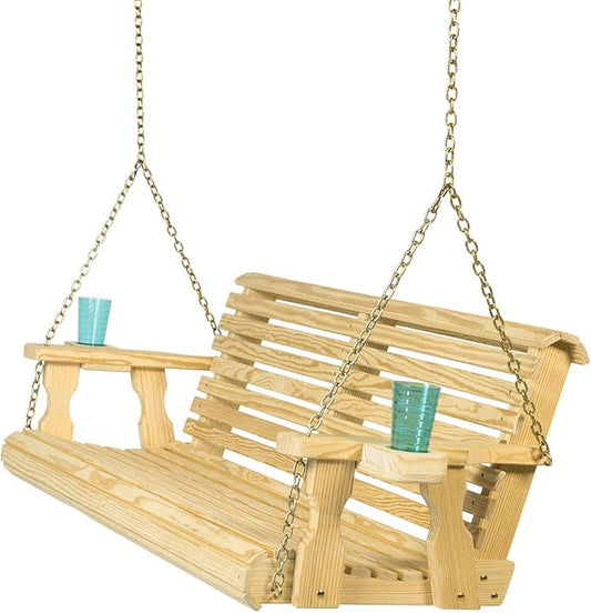 Amish Casual 5 Foot Roll Back Porch Swing with Cup Holders in Unfinished - Amish Made in The USA from Treated Pine Heavy Duty 700 Lb. Weight Capacity