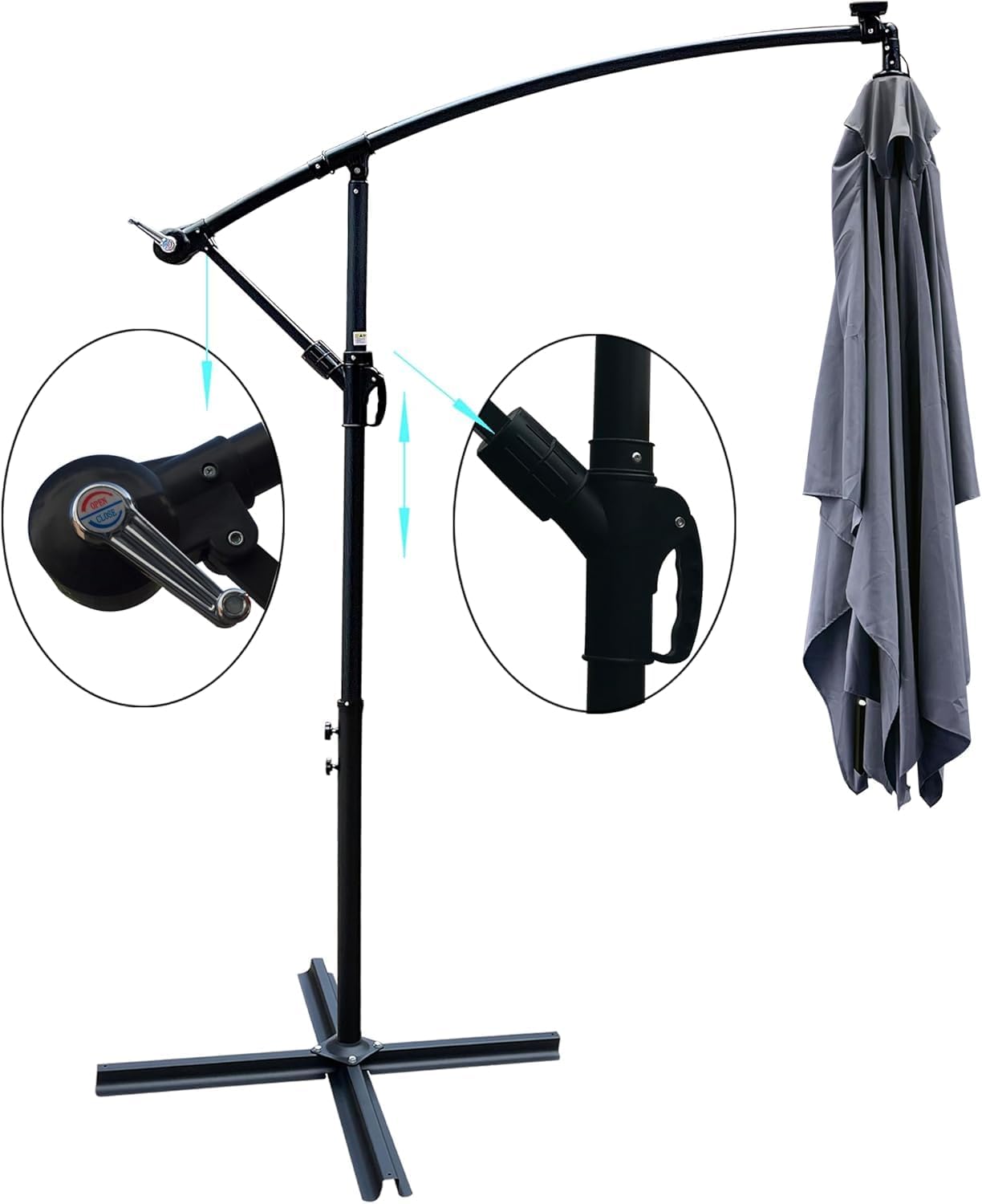 10x6.5FT Patio Umbrella, Outdoor Offset Umbrella with Cross Base and Crank, Rectangular Cantilever Umbrella with Solar Lights, Hanging Market Umbrella with 6 Rids for Pool, Deck, Backyard (Anthracite)