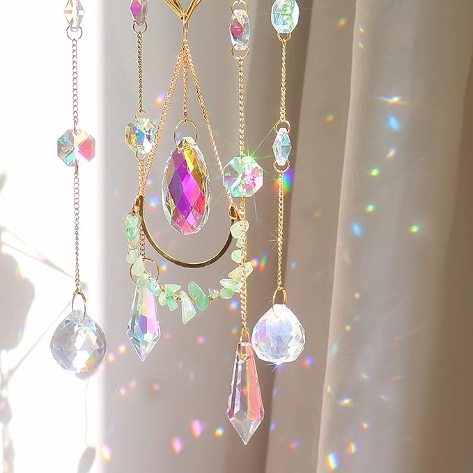Green Fluorite Crystal Suncatcher Window Hanging Pendant Glass Prisms Decor Wind Chime Rainbow Sun Catcher for Home Garden Porch