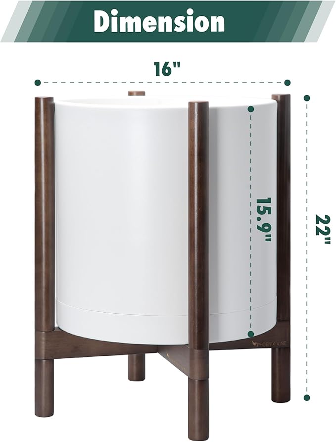 D'vine Dev Planter Pot with Stand - 16 Inch Plastic Cylinder Flower Pot with Wood Planter Holder for Indoor, Matte White Pot + Walnut Color Stand, 55-C-X-1