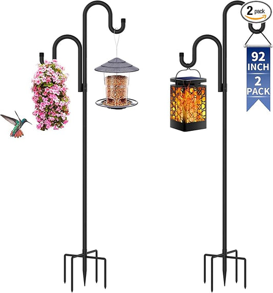 Double Shepherds Hooks for Outdoor, Bird Feeder Pole with 5 Prongs Base, Heavy Duty Garden Hook for Lantern, Wind Chime and Hummingbird Feeder, 92 Inch, 2 Pack