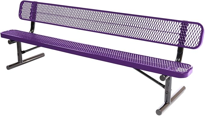 Heavy-Duty Portable Outdoor Bench Thermoplastic Coated, Expanded Metal, Commercial-Grade Seating, Made in America (Portable with Back, 8 Ft, Textured Purple)