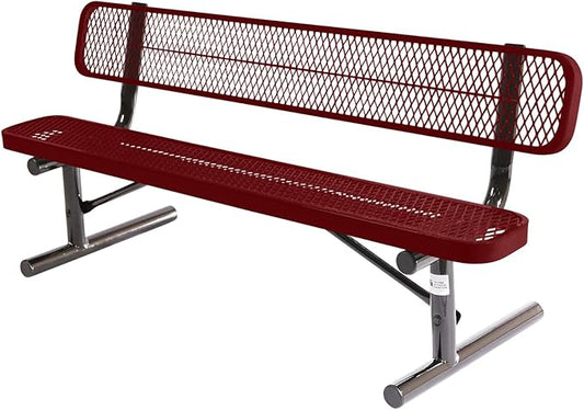Heavy-Duty Portable Outdoor Bench Thermoplastic Coated, Expanded Metal, Commercial-Grade Seating, Made in America (Portable with Back, 6 Ft, Textured Burgundy)