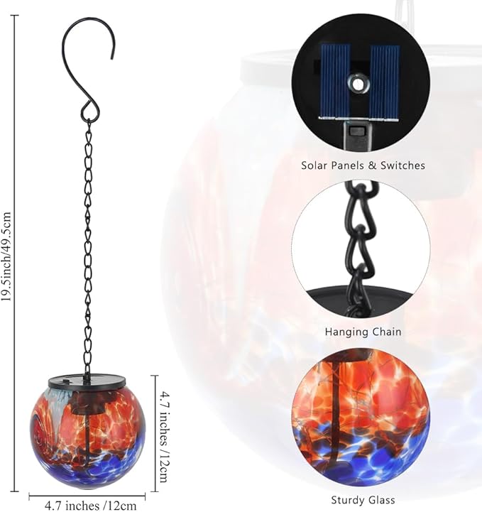 Hanging Solar Lanterns Outdoor Waterproof, Hanging Glaze Glass Solar Lantern, Gazing Ball Lantern Waterproof Decor for Yard Garden Patio