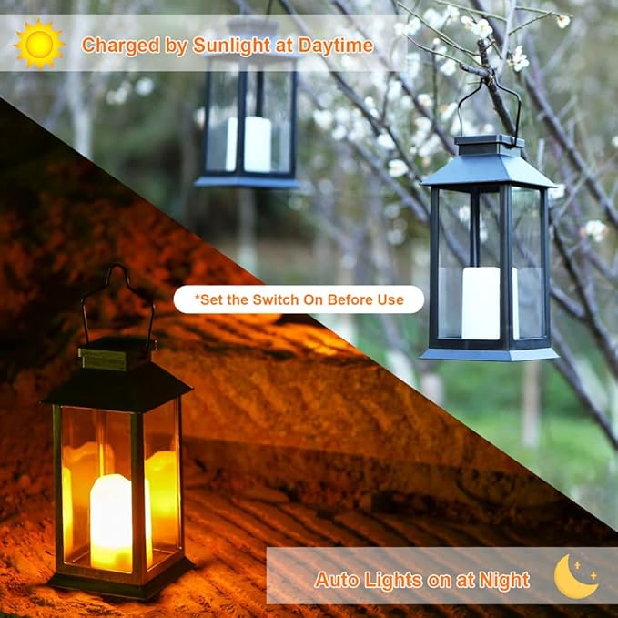 2 Pack Solar Lanterns, Outdoor Garden Hanging Lanterns, 11.8 Inch LED Flickering Flameless Candle Mission Lights for Yard, Table, Patio (Black)