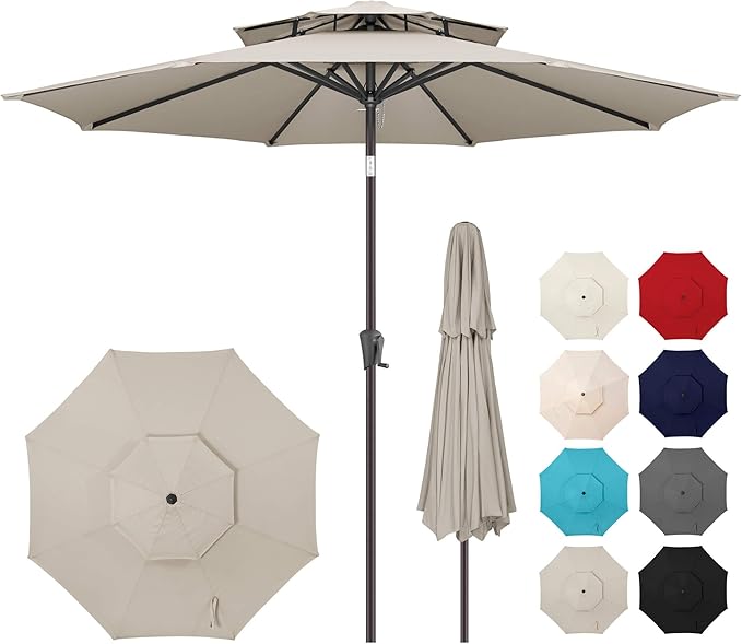 9" Outdoor Patio Umbrella - Double Top Table Umbrella Waterprool UV Protection, Sombrillas de Patio with Push Button Tilt&Crank, Sun Umbrella for Pool, Porch, Garden, Backyard(Taupe)