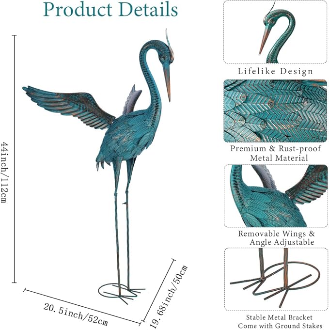 44'' Blue Heron Garden Statue, Large Crane Outdoor Statue, Crane Metal Yard Art for Outside Backyard, Pond, Patio, Lawn Decor
