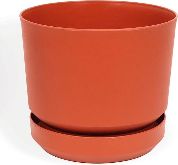 Elly Décor 12 inch Plastic Cylinder Planter Pot with Self-Watering Saucer and Drainage Hole,Lightweight & Extremely Durable, 12"x 12", Terracotta