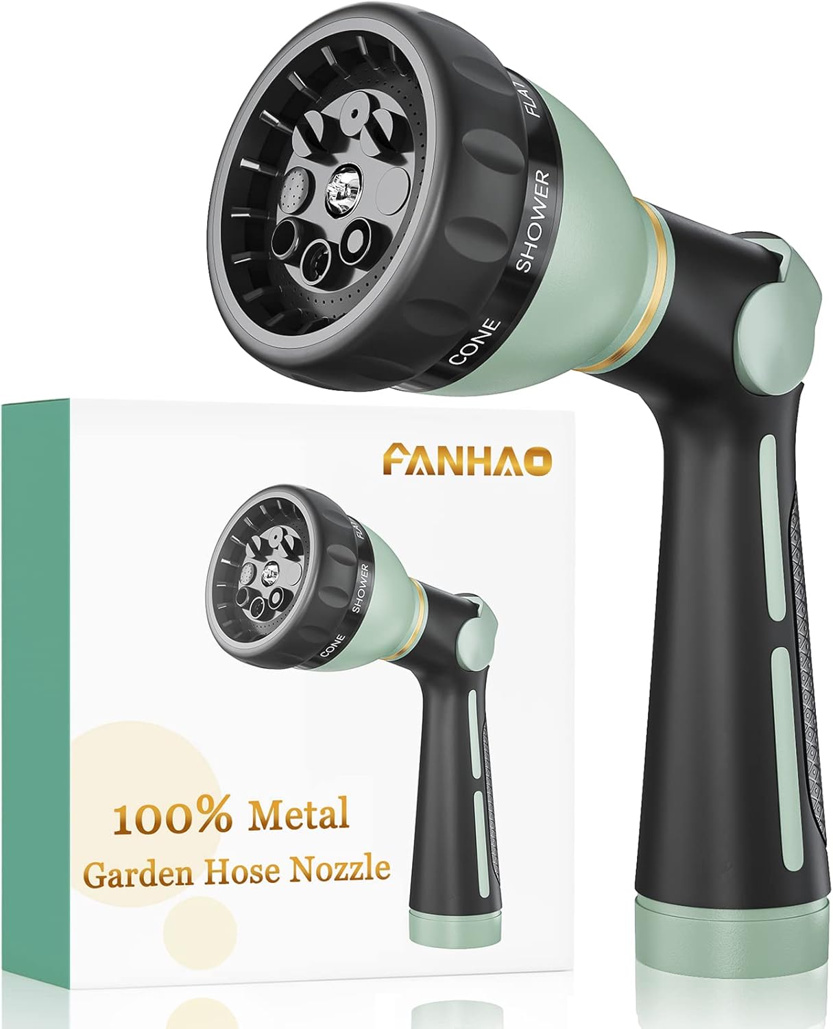 FANHAO Garden Hose Nozzle Heavy Duty, 100% Metal Water Hose Nozzle Sprayer with 8 Spray Patterns, High Pressure Sprayer Nozzle with Thumb Control, On Off Valve for Garden Watering, Car & Pet Washing