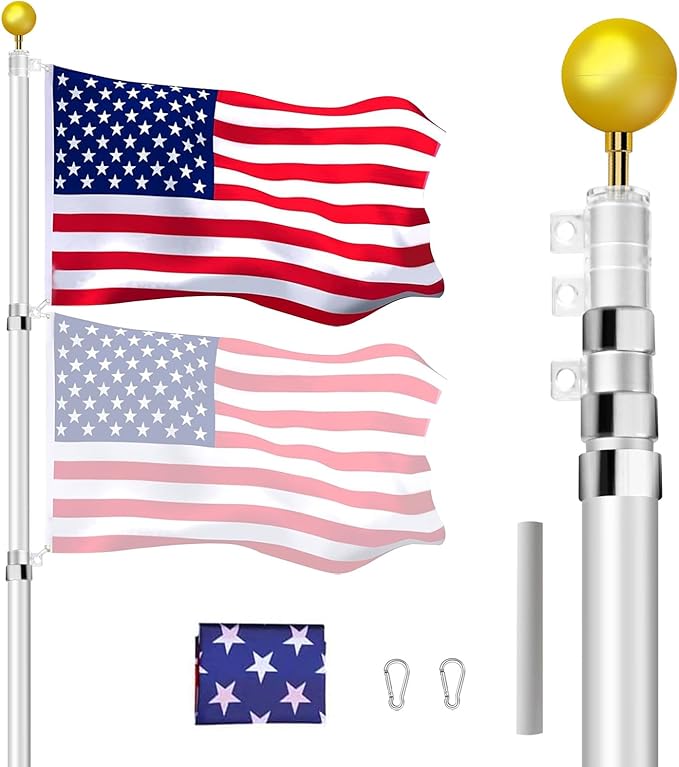 16FT Telescopic Flag Pole Kit, Heavy Duty 16 Gauge Aluminum Outdoor In Ground Flag Poles with an Embroidered 3x5 USA Flag, for Residential or Commercial,Garden,Yard Flag Poles