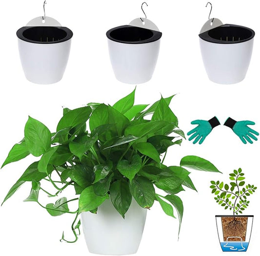3 Packs 7.3" Plastic Self Watering Pots Wall Hanging Planters Wall Mounted Wicking Flower Pots for Indoor and Outdoor African Violet, Ocean Spider Plant, Orchid, White