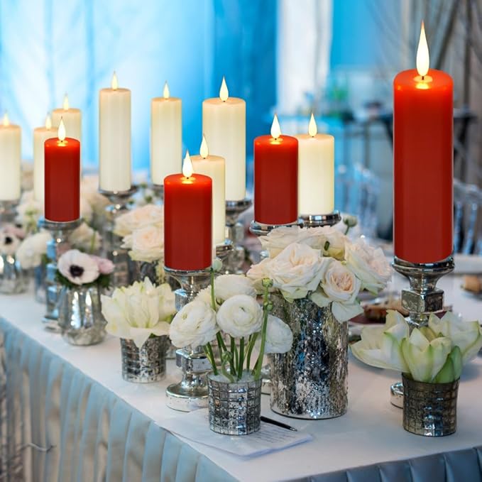 Flameless Flickering Battery Operated Candles 9PACK Real Wax Pillar LED Candles with 10-Key Remote Control and 24 Hours Timer for Wedding, Party, Home Decoration (Red)