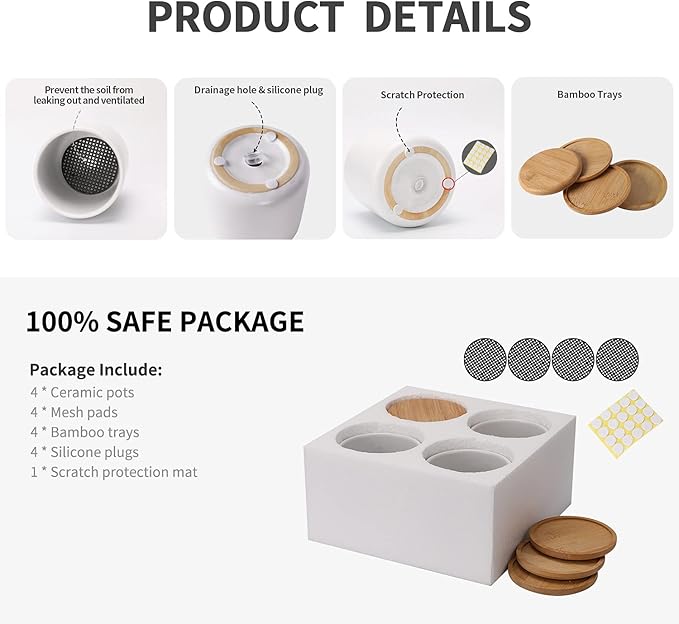 4 Inch Ceramic Plant Pots with Drainage Holes and Trays, Adorable Small Cylinder Flower Planter Pot with Saucers for Indoor Plants, Succulent, Snake Plants, Cactus & Herbs, White, Set of 4