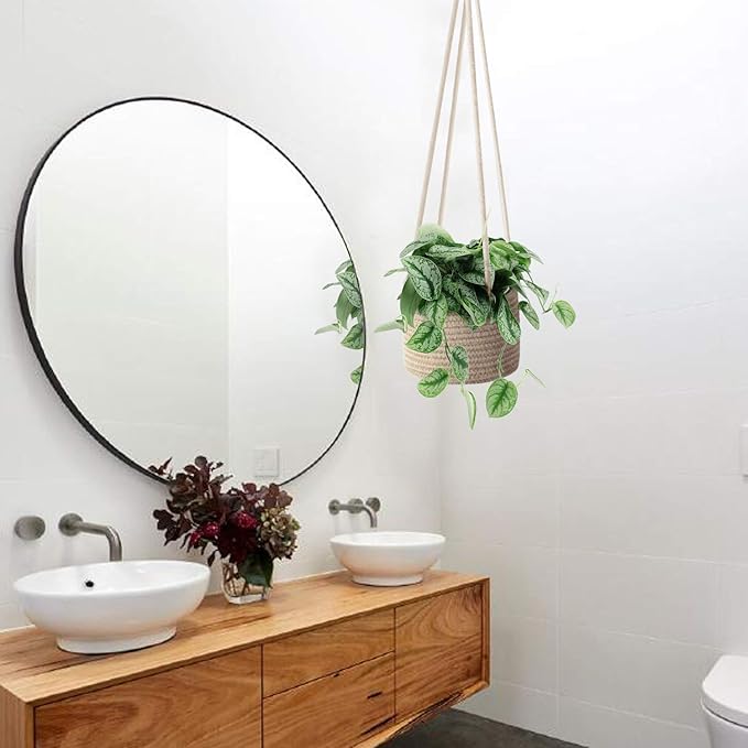 Flexzion Hanging Plant Basket (2 Pack) Cotton Rope Basket Indoor Planter Hanger (up to 7 Inch Flower Pot) Macrame Woven Organizer Bin Home Decor Storage Organizer 20" Hanging Rope, Brown