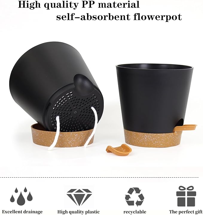 5 Pack 5 inch Self-Watering Pots, African Violets Planter with Drainage Holes and Reservoir, Black Brown Plastic Planter for Indoor Outdoor Plants Flowers and Houseplants black brown, 5 inch 5 pcs