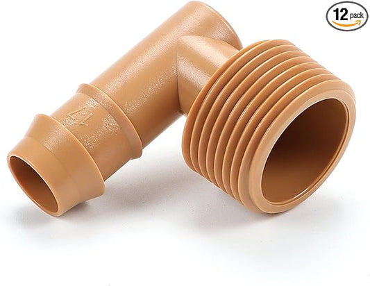 12 Pieces 3/4 Inch PVC to 1/2 Inch Drip Irrigation Adapter Fittings, 3/4" Male Pipe Thread(MPT) x 1/2" Drip Line Barbed Elbow Connectors 3/4-in PVC to 1/2-in Poly Tubing Adapter