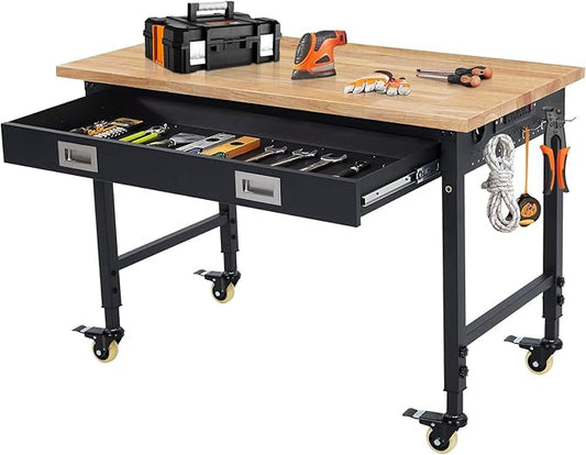 48x24 Inch Heavy-Duty Adjustable Workbench with Rubber Wood Top – 2000LB Capacity Mobile Garage Workstation with Drawer, Ideal for Workshop, DIY & Tool Storage