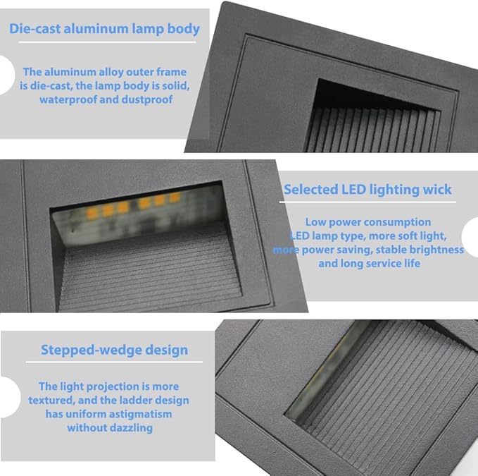 1pcs/3W Wall Recessed Stair Lights LED,Warm White,Indoor Step Light,Square Recessed Wall Light,Black Cover Staircase Light IP20 for Indoor Stairs, Home, Kitchen, Attic, Aisle
