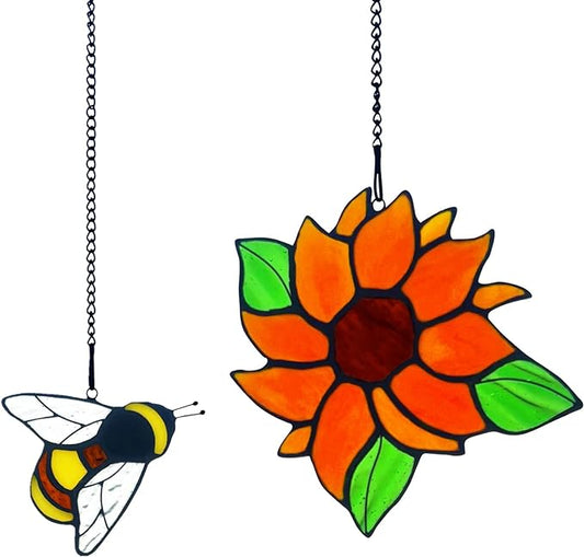 2 Packs Sunflower Gifts for Mom Grandma, Honey Bee Sunflower Stained Glass Window Hanging, Sun Flower Suncatcher for Window, Bee Themed Gifts for bee Lovers