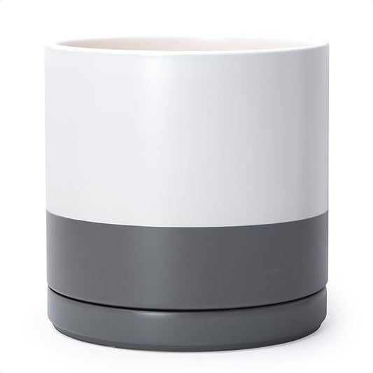 D'vine Dev 12 Inch Ceramic Planter Pot with Drainage Hole and Saucer, Indoor Cylinder Round Planter Pot, White/Speckled Grey, 94-O-F-6