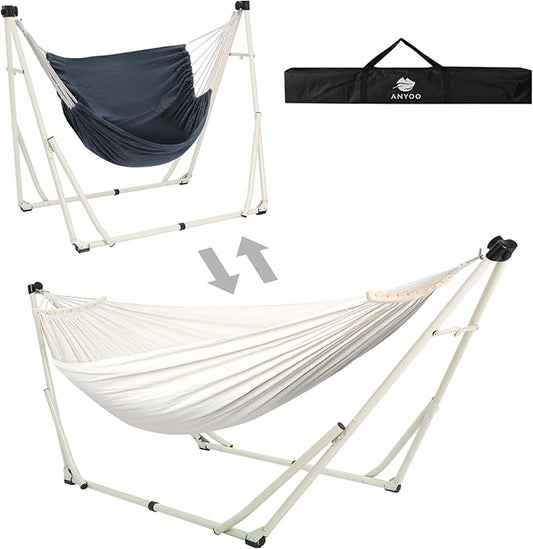 Anyoo 2 in 1 Hammock and Swinging Chair with Collapsible Steel Stand & Carrying Case,Portable & Adjustable,Easy Set Up for Outdoor,Indoor,Porch Swing,Patio,Garden,Camping Trip
