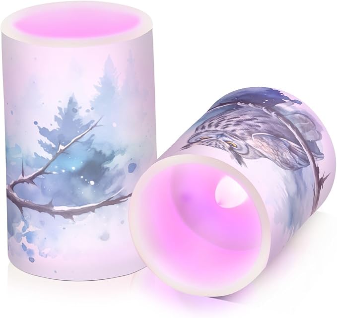 Flickering Flameless Candles, Owl on Tree LED Candles with Remote Timer, Set of 2 Battery Operated Candle for Valentine Wedding Birthday