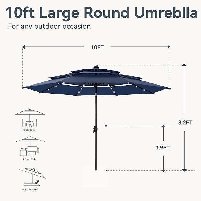 GREEN PARTY 10ft Outdoor Patio Umbrella, Auto-Tilt Market Table Umbrellas with Crank, 8 Sturdy Ribs & 1.5" Pole UV Protection for Garden Deck Backyard Pool