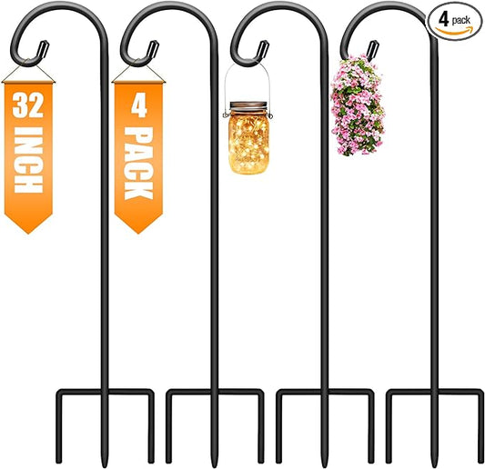 Gtongoko 32 Inch Shepherds Hooks for Outdoor 4 Pack Garden Hooks for Hanging Plants, Lanterns, Bird Feeders, Solar Lights, Mason Jars, Weddings Decor, Adjustable, Matte Black