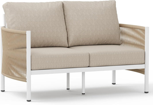 Aluminum Outdoor Patio Couch Loveseat, HDPE Rope Patio Sofa with Washable Thick Cushion, All-Weather Patio Furniture for Balcony, Yard, White Frame, Ivory