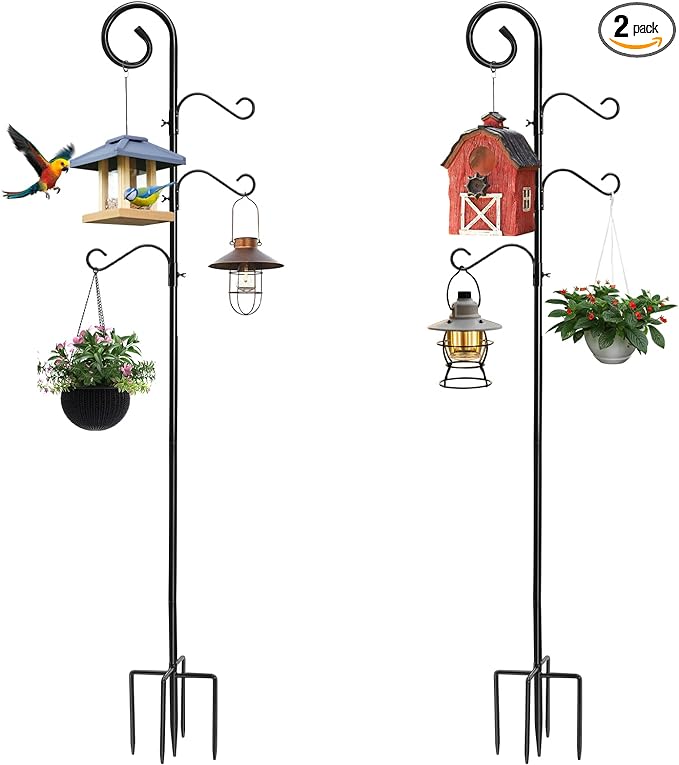 108 Inch Shepherds Hooks for Outdoor 2 Pack, Bird Feeder Poles with 4 Hooks, Shepherds Hook for Bird Feeders Outside with Base, Garden Pole for Hanging Plant Baskets, Weddings Decor (108 Inch)