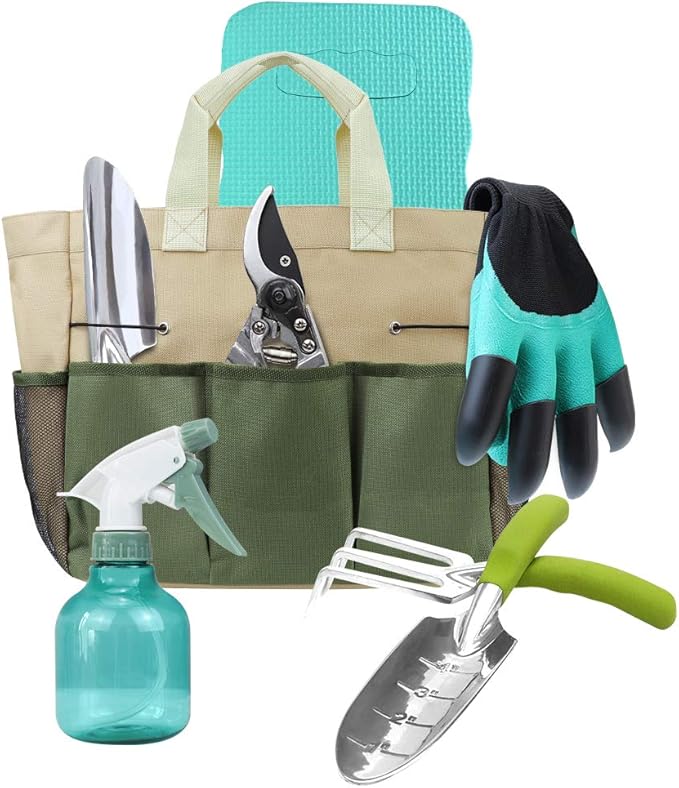 Garden Tools Set with 3 Pcs Aluminum Gardening Tools, 1 Pc Pruning Shear, 1 Pc Mister Spray Bottle, 1 Pc Foam Kneeler，1 Pair Garden Gloves with Claws and 1 Pc Gardener Bag, Gifts for Mom Dad