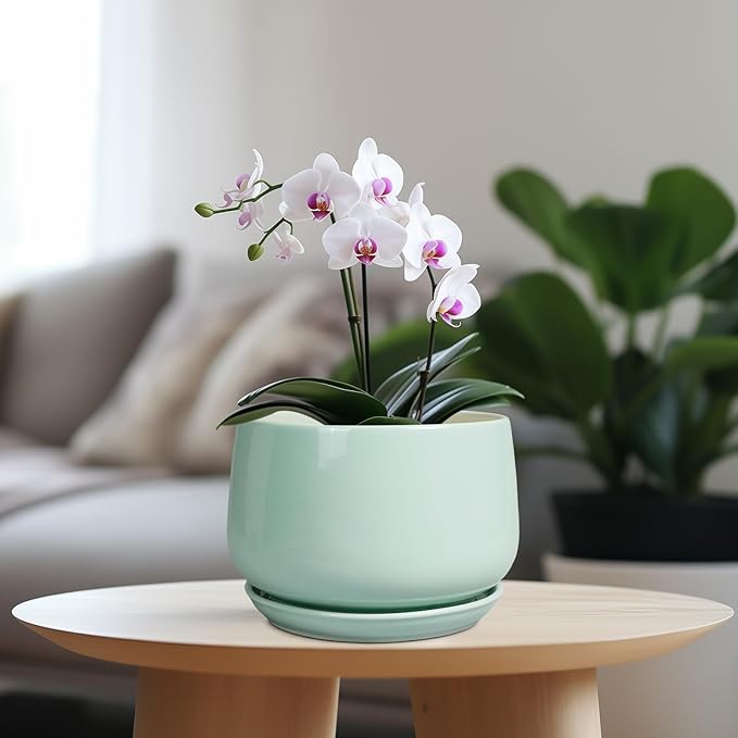 G EPGardening Ceramic Plant Pots - 7 Inch Planter for Indoor Outdoor Plants, Ceramic Planter with Drainage and Saucer, Round Modern Flower Pots, House Decor, Gift for Men Women, Green