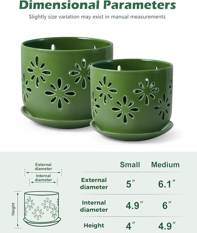 EFISPSS Orchid Pots with Holes,5+6 Inch Ceramic Plant Pots with Drainage Holes and Tray,Enhanced Drainage and Ventilation,Flower Pots for Indoor/Outdoor Plants for Repotting - Green