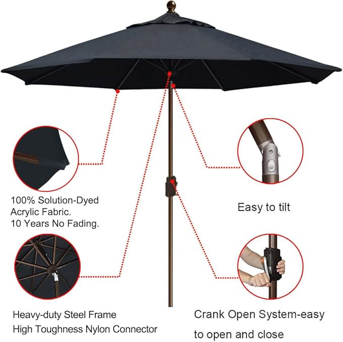 EliteShade USA 10-Year-Non-Fading 9Ft Market Umbrella Patio Umbrella Outdoor Table Umbrella with Ventilation, Black