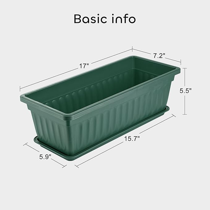 GROWNEER 6 Packs 17 Inches Green Flower Window Box Plastic Vegetable Planters Long Pots with 15 Pcs Plant Labels for Outdoor Indoor Windowsill Patio Garden Home Decor Porch