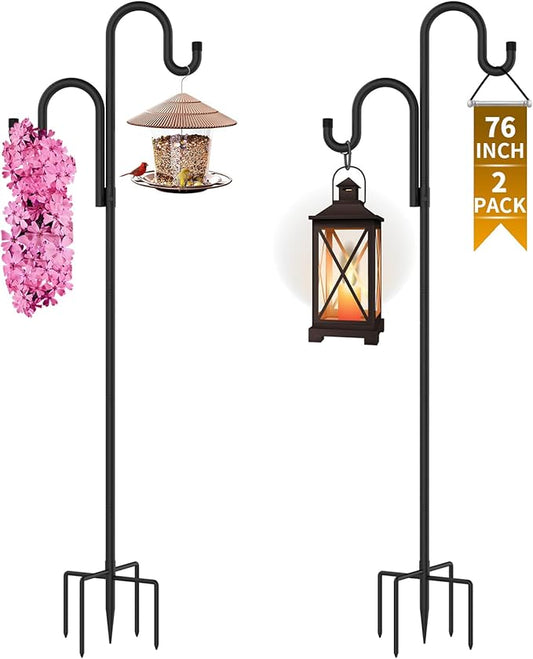 Double Shepherds Hooks for Outdoor, Bird Feeder Pole with 5 Prongs Base, Heavy Duty Garden Hook for Lantern, Wind Chime and Hummingbird Feeder, 76 Inch, 2 Pack