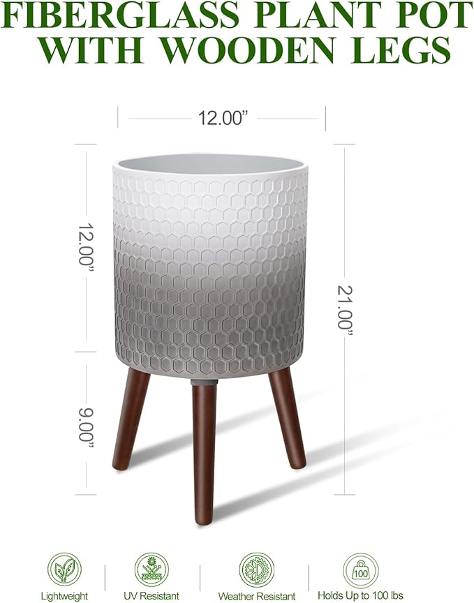 12 Inches Indoor Plant Pot with Walnut Color Stand Honeycomb Embossed Flower Pot with Drainage Holes Large Modern Planters for Indoor Plants-Gradient White Gray