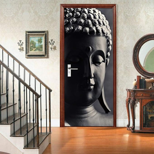 3D Door Stickers Murals - Buddha Statue - Peel and Stick - Waterproof & Washable - Black - Traditional Style - Rectangular - 34.6" x 78.7" - 2 Pieces