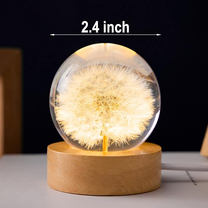 Flower Crystal Ball Night Light,2.4 inch Glass Ball Night Lamp with Woodern Base (Dandelion)
