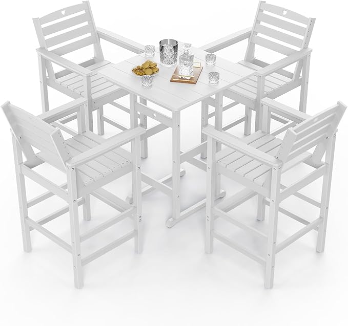 5-Piece Bar Height Patio Table and Chairs Set, HDPE Wood Grain Outdoor Bar Table and Chairs with Heart Cutout Design, Weather-Resistant Bar Height Furniture for Deck, Porch, Pool (White)