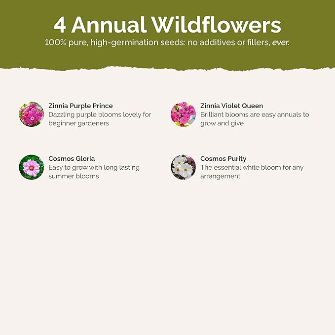 Eden Brothers Purple Rain Flower Mixed Seeds for Planting, 1/4 lb, 120,000+ Seeds with Zinnia Purple Prince & Violet Queen, Cosmos, Attracts Pollinators, Plant in Spring, Zones 3, 4, 5, 6, 7, 8, 9, 10