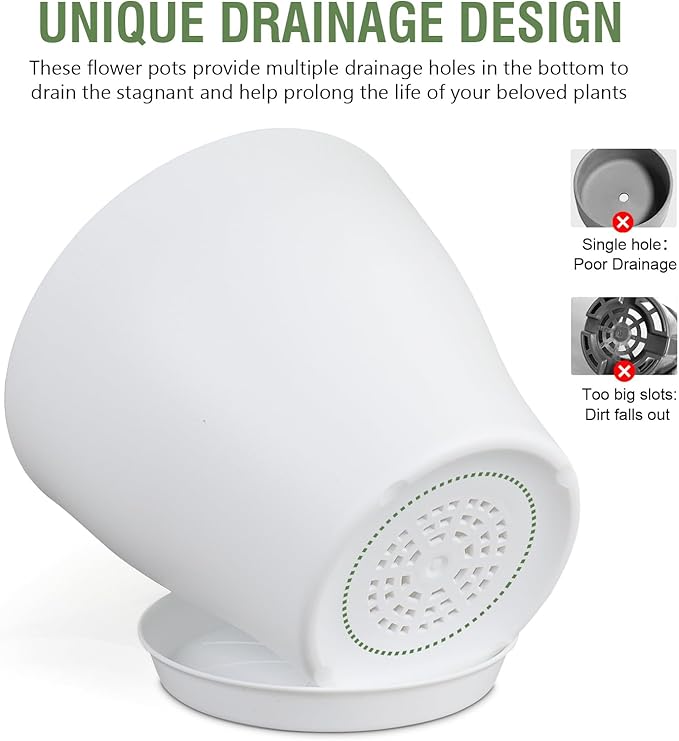 6 inch Plastic Nursery Pots, Seedling Pots, 16 Pack Plant Pots for Small Indoor Outdoor Plants, Flower Pots with Drainage Holes and Saucers, Decorative Planters for House Plants, White