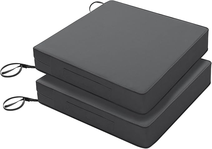 Favoyard Patio Chair Cushions 24 x 24 x 4 Inch Waterproof Outdoor Seat Cushions for Patio Furniture 3-Year Color Fastness Garden Sofa Couch Pads with Handle & Adjustable Straps Set of 2, Dark Grey