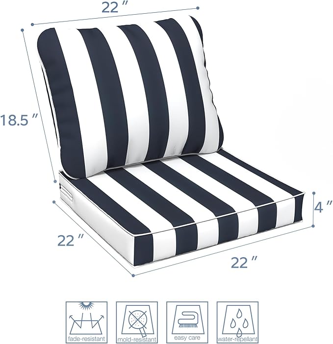 LVTXIII Outdoor Deep Seat Cushion Patio Seat and Back Cushion Set Seasonal Chair Cushion with Removable Cover and Adjustable Buckle for Home and Garden, 22"x22"x4", Cabana Navy