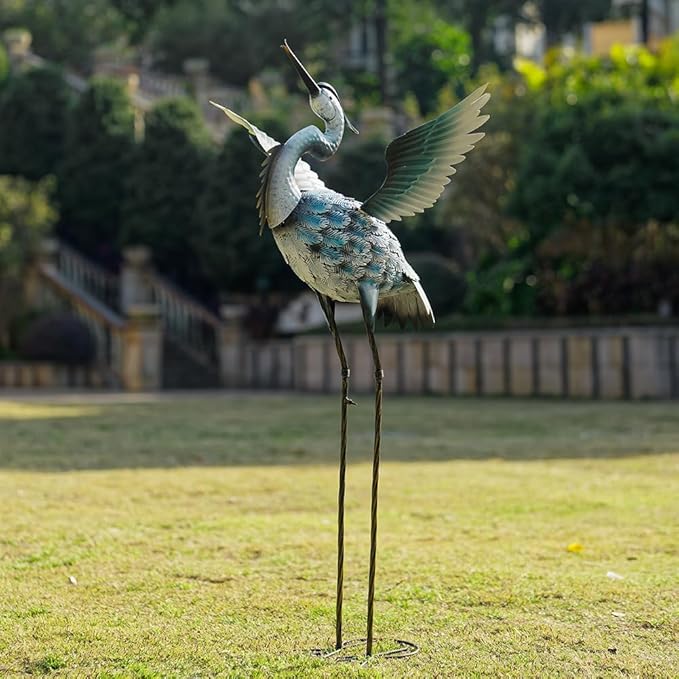 DREAMSOUL 40" Large Blue Heron Garden Statues Metal Crane Outdoor Statues Yard Art, Bird Statue for Backyard Lawn Patio Outside Decor