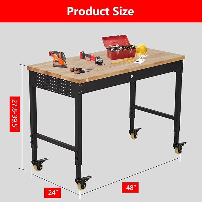 48'' Adjustable Workbench on Wheels, 2000LBS Heavy Duty Worktable with Power Outlets & Drawers & Pegboard, Rubberwood Workstation for Workshop, Garage, Office, Home
